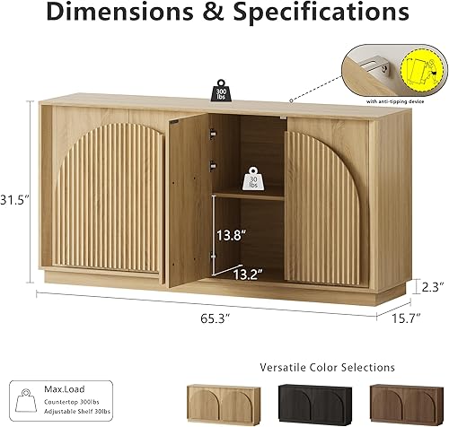 Miniatura 2 de win2win Aparador acanalado con almacenamiento, armario moderno de 65 pulgadas con puertas de arco de doble capa, mesa consola de TV bohemia de