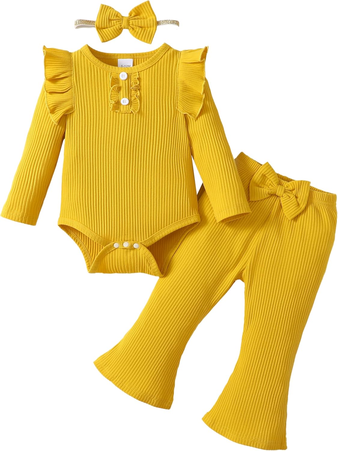 Infant Baby Girls Outfit Cute Ruffle Sleeve Ribbed Knit Romper Bodysuit and Flare Pants Clothes Set 3 Piece