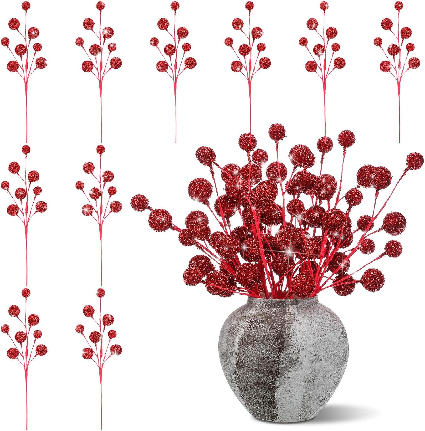10pcs Christmas Glitter Berry Stems 19.7 Inches Christmas Tree Picks and Spray Large Artificial Glitter Berries Branches for Xmas Ornament, DIY Wreath, Craft, Holiday Decor(Red)