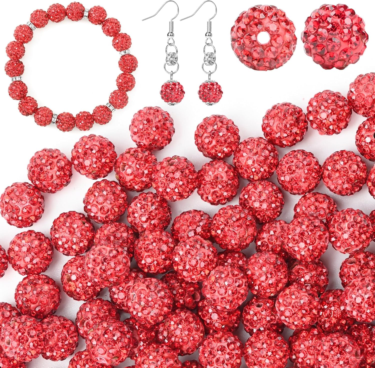 U-LIAN 100 pcs 10mm Rhinestone Beads Red Shiny Round Disco Ball Beads Bulk Polymer Clay Rhinestone Beads Round Crystal Diamond Beads for Bracelet Necklace Earring Jewelry Making