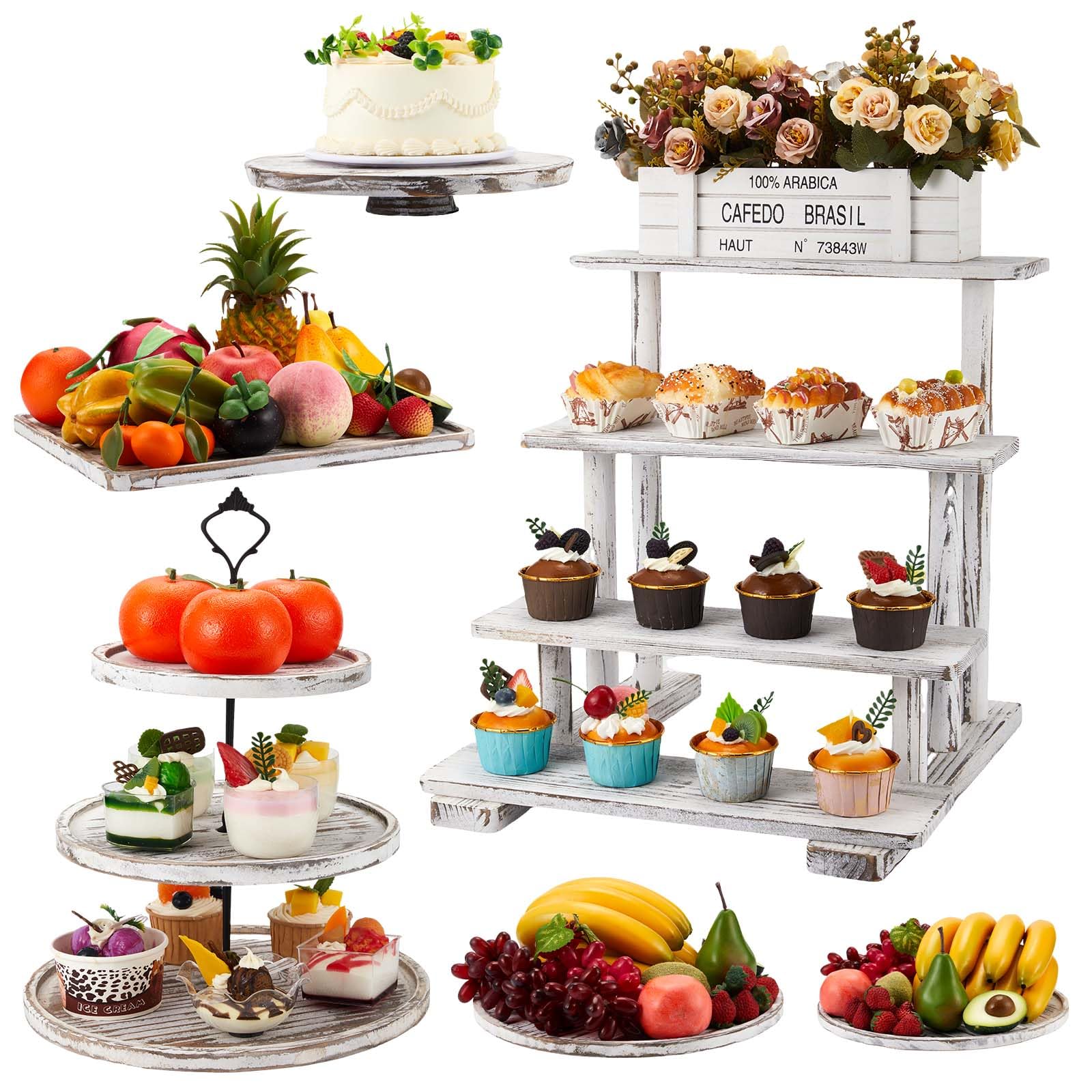 Roowest Wood Cake Stands Set of 6 Wood Dessert Tower Dessert Trays Desert Stands Cupcake Stand Rustic 3 Tier Farmhouse Cupcake Serving Stands with Dessert Trays for Tea Party(Vintage Brown)