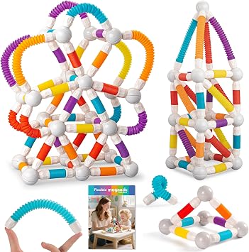 ROUSKY Magnetic Building Blocks Construction Set, 66 Pieces, Educational STEM Toy with Flexible Tubes and Connectors 66PCS