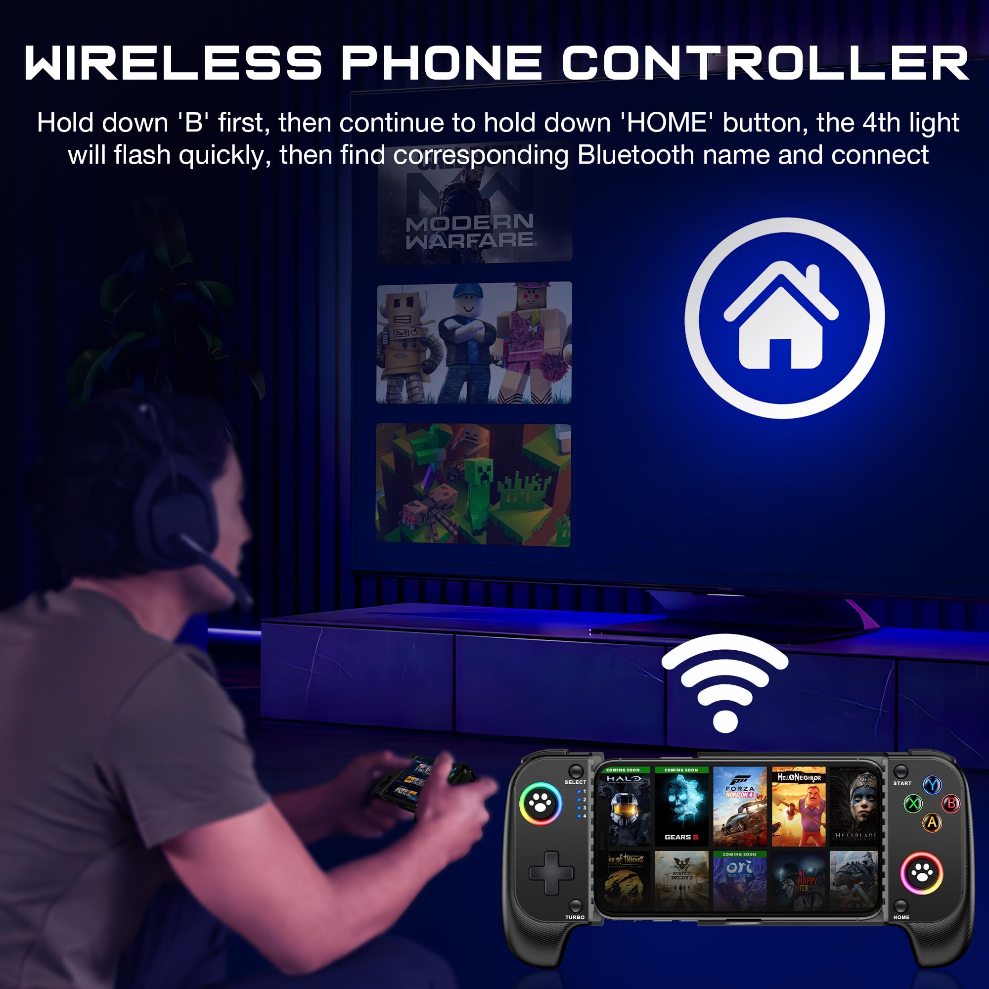 KICKDOT Controller wireless per iPhone/Android con joystick Hall, controller di gioco mobile per iOS Supporto Xbox Game Pass, PlayStation, Steam Link, Call of Duty, Roblox, Cloud Gamepad