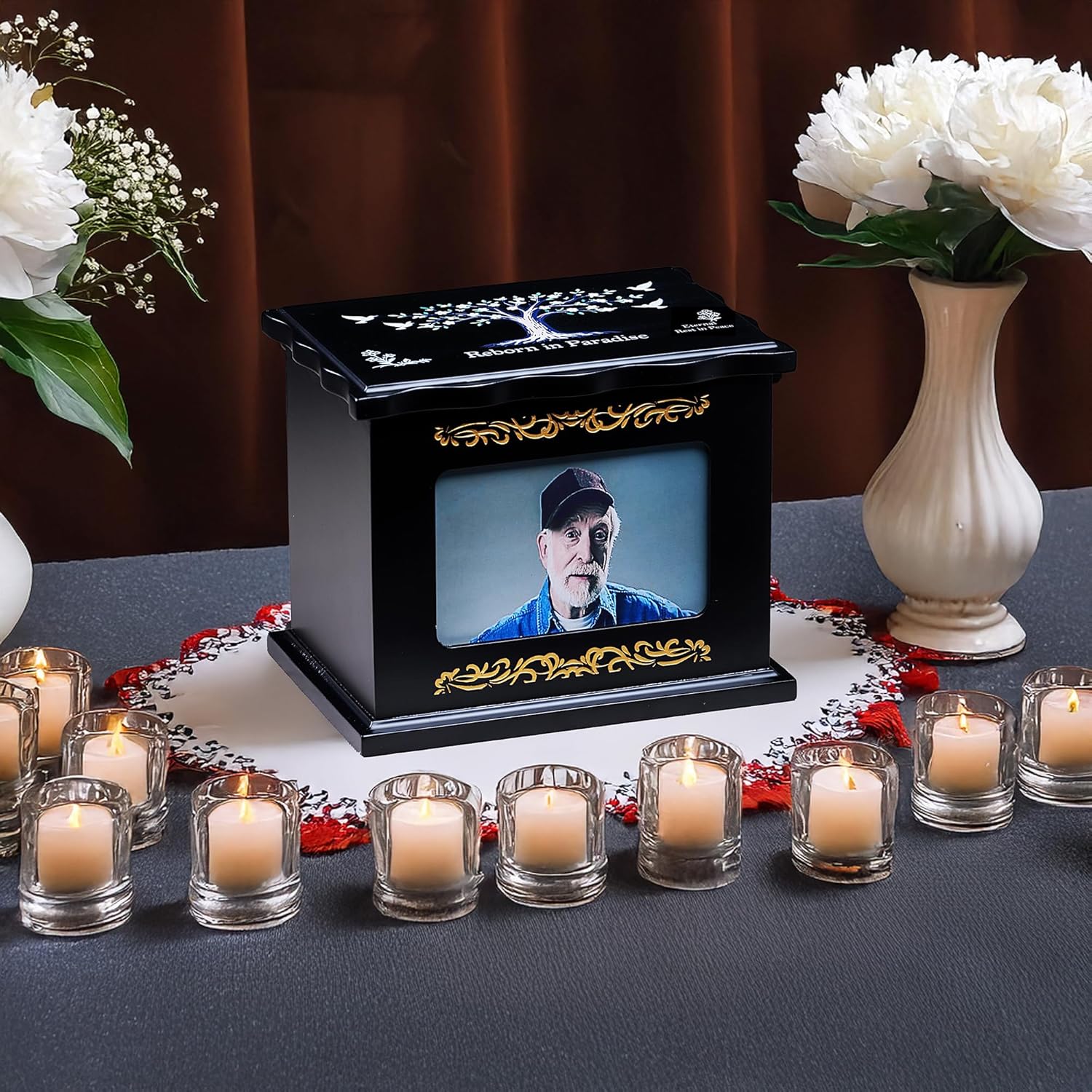 Eternal Tree of Life Solid Wood Urn with Photo Frame - Crafted Black & Gold Funeral Urn for Human Ashes & Large Pets, Fits Loved Ones Up to 260 lbs Body Weight, Ideal for Home Display