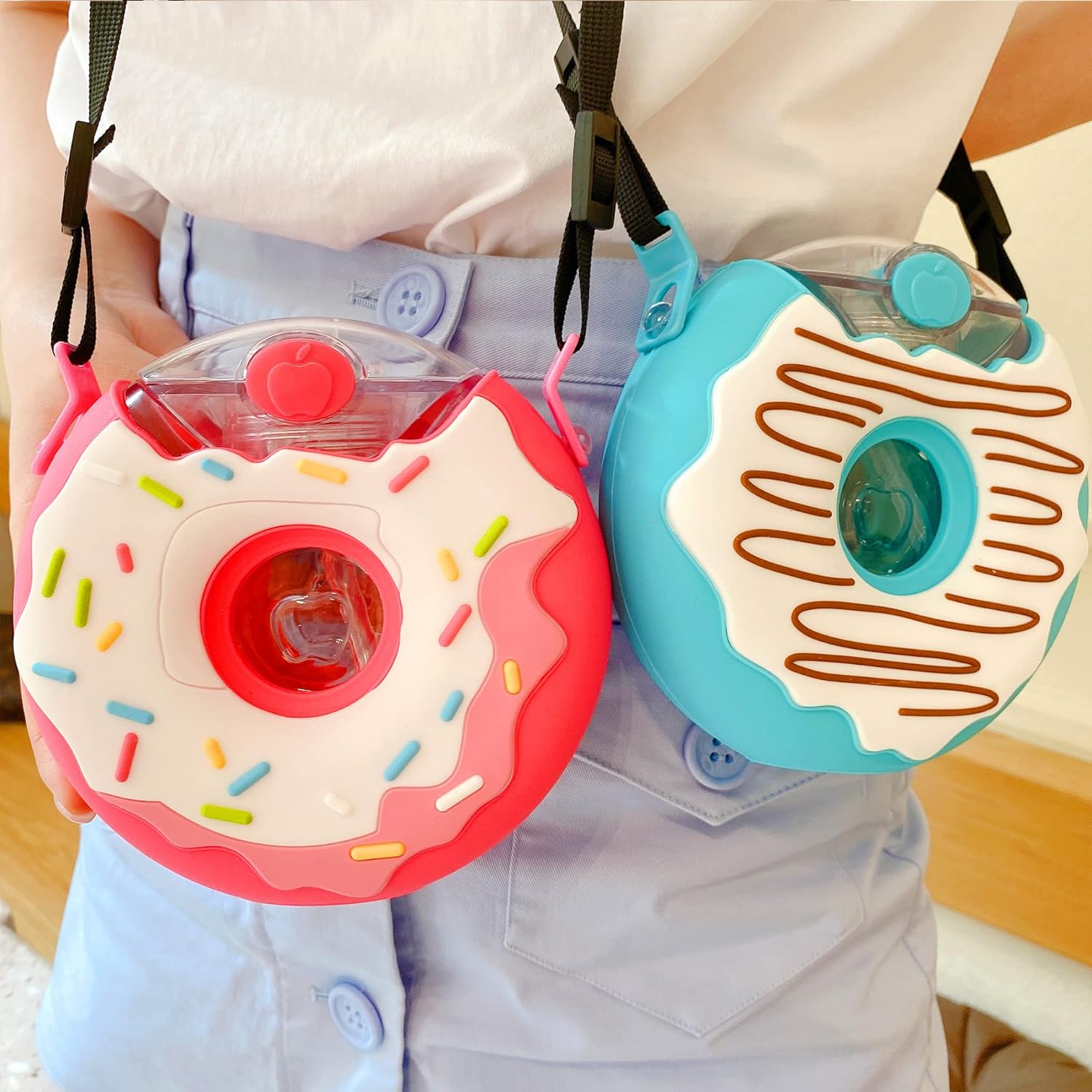 Donut Water Bottle Kids with Straw with Adjustable Shoulder Strap Portable for Picnic Leakproof Plastic Drink Tumbler for Travel (New Yellow,380ml)