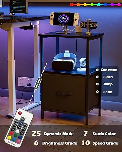 Miniatura 5 de Innerjoin Mesa auxiliar con almacenamiento, mesita de noche LED con estación de carga A & C, mesas auxiliares, sala de estar, mesita de noche para