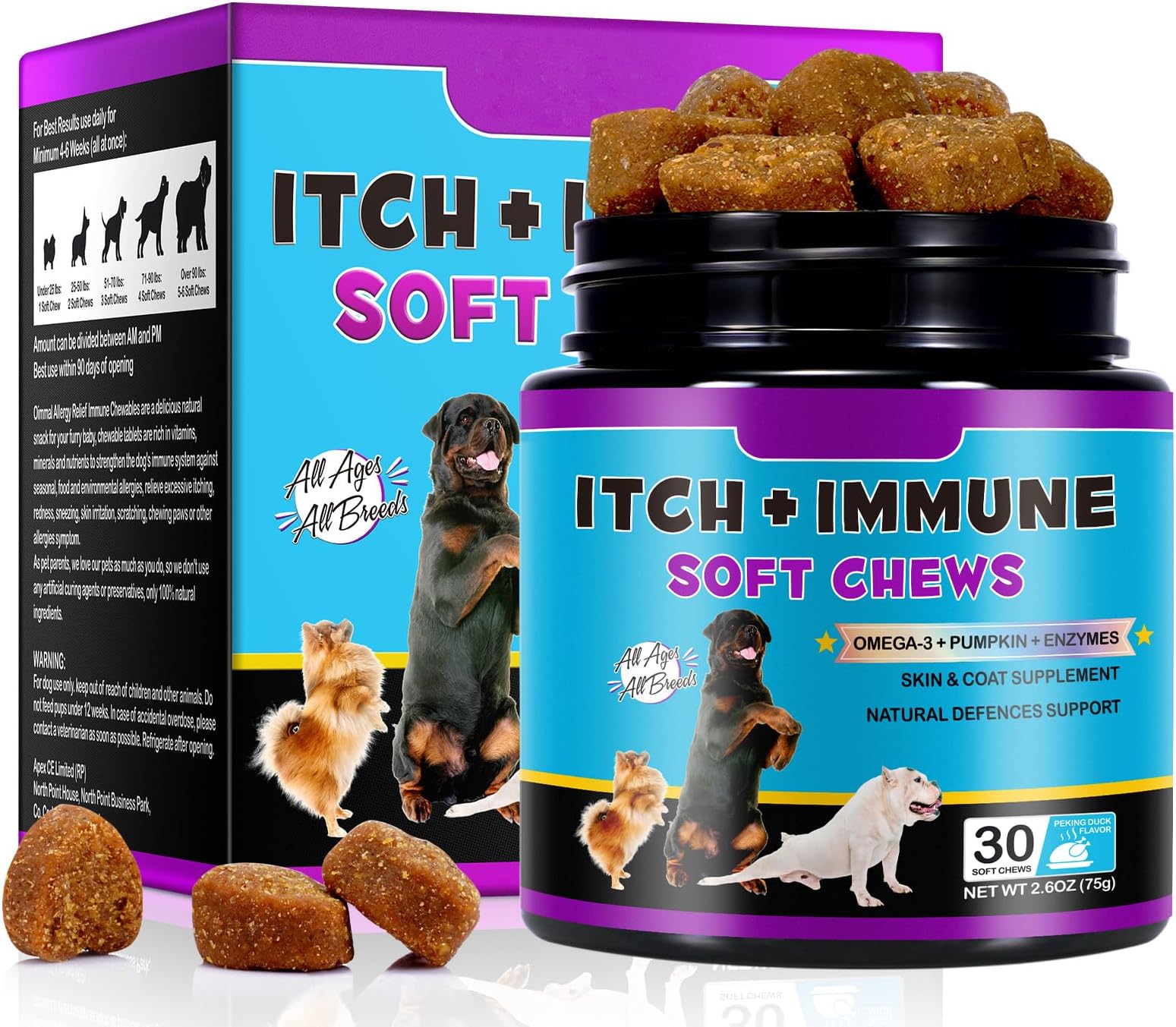 HUALIJIA Dog Allergy Relief Treats, Itch and Immunity Treats for Dogs - Soothe Itchy Skin, Paws, Eyes, Ears - Stop Itching, Licking, Scratching for All Breeds and Sizes, Peking Duck Flavor (30 Count)