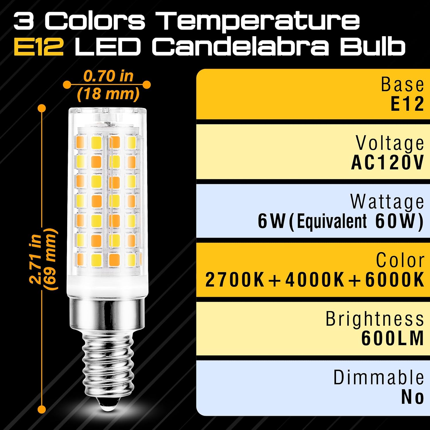 E12 LED Candelabra Bulb 60W Equivalent 3CCT Adjustable (2700K-4000K-6000K), AC120V 6W 600LM, 3 Colors Temperature Mode E12 C7 T6 Bulb for Night Light, Ceiling Fan Floor Light, Non-Dimmable, 2pack