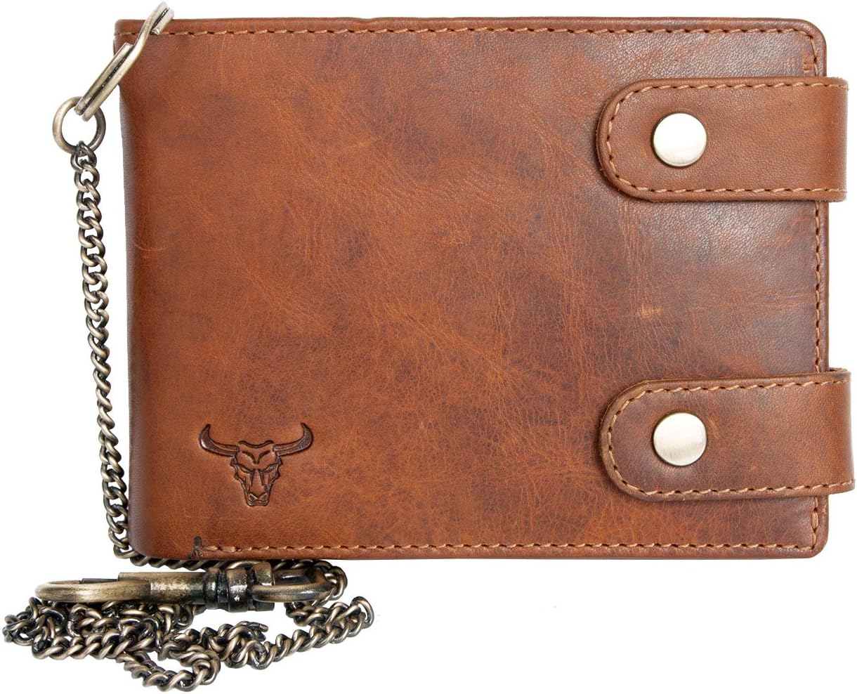 FLWLarge biker's genuine leather wallet with two buckles, metal chain and a bull head