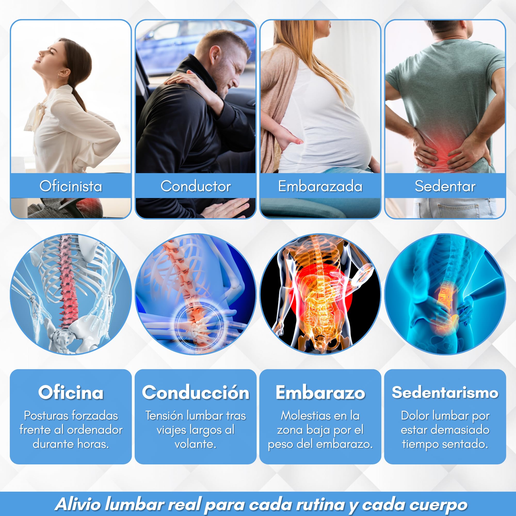 Cojín Lumbar Ergonómico para Dolor de Espalda – Soporte Espalda Baja para Silla Oficina y Coche – Memory Foam Viscoelástica Transpirable – Respaldo Ortopédico Ajustable