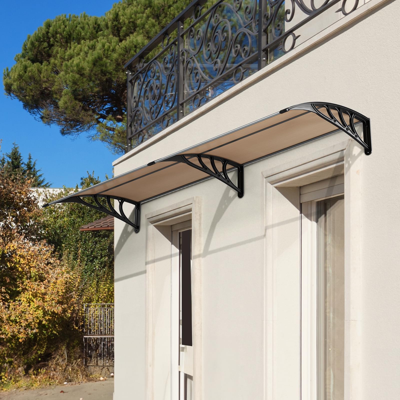 LIFERUN Pensilina Tettoia per Porta Balcone Esterno, 190 x 98.5 cm, Tetto Policarbonato Alveolare Trasparente, Protezione solare e dalla pioggia,Marrone scuro