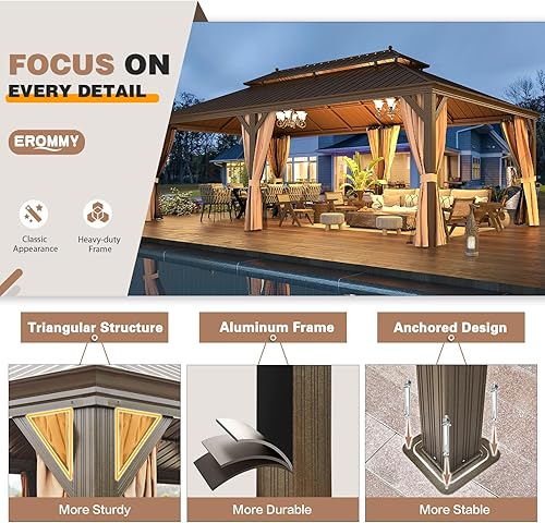 Miniatura 7 de EROMMY Cenador de techo rígido de 14 x 24 pies, toldo de acero galvanizado de doble techo, marco de aluminio para exteriores, pabellón de metal