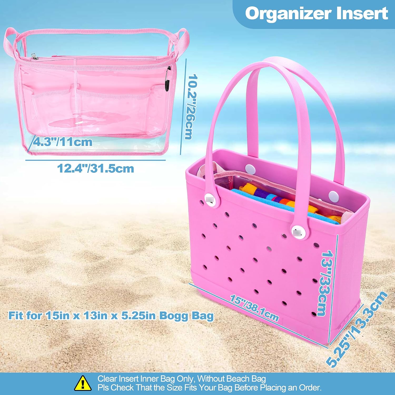 Rexmica Beach Bag Organizer Insert (12.4in x 10.2in x 4.3in) Compatible with Bogg Bag(15in x 13in x 5.25in), Beach Tote Bag Waterproof Organizer Liner Insert Divider Pouch, Pink