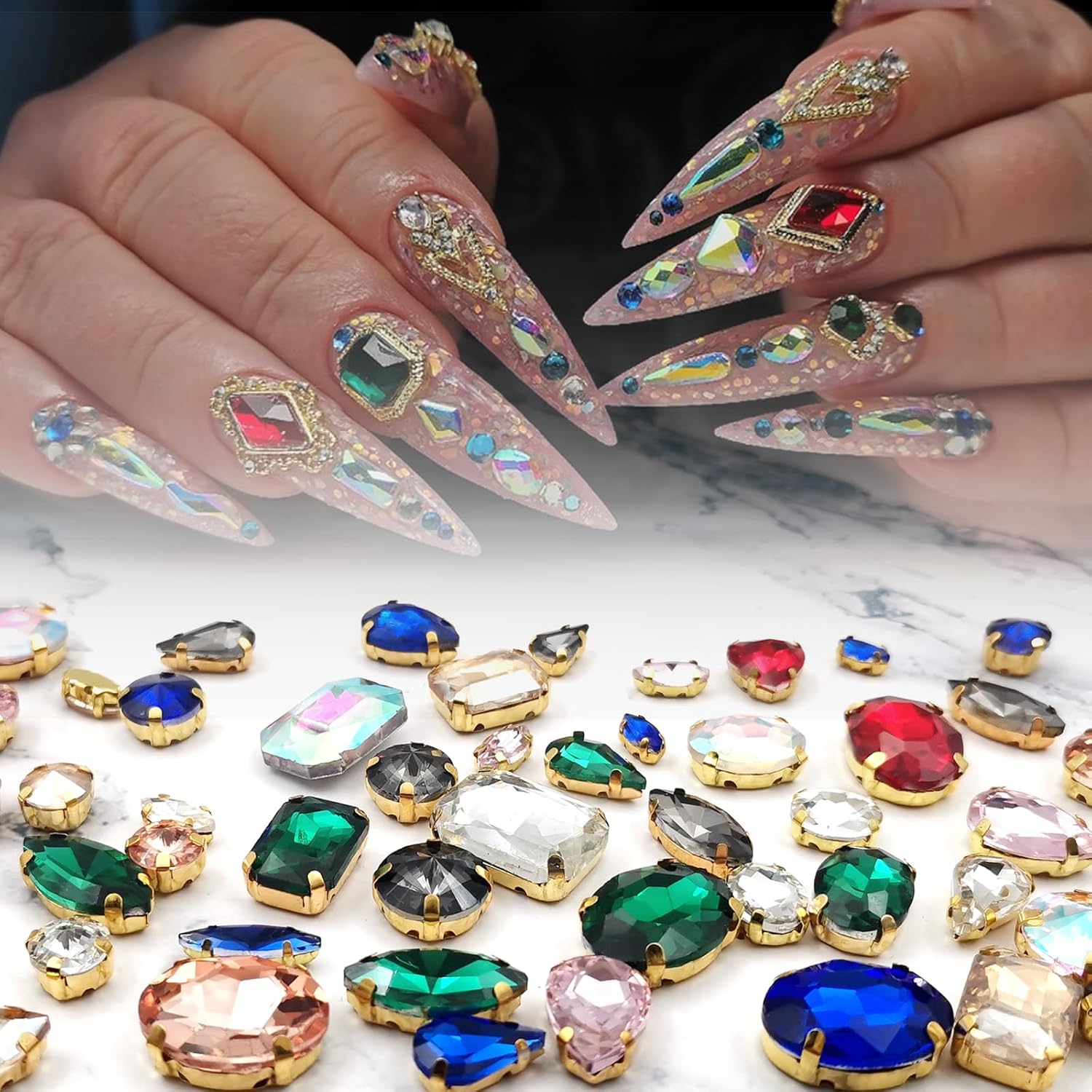 Rhinestones for Crafting, 50pcs Sew on Rhinestones Flatback Crystal Rhinestones Mixed Shapes with Metal Claw for Craft Clothes Jewelry Shoes Bags DIY Decoration (Red) - Image 5