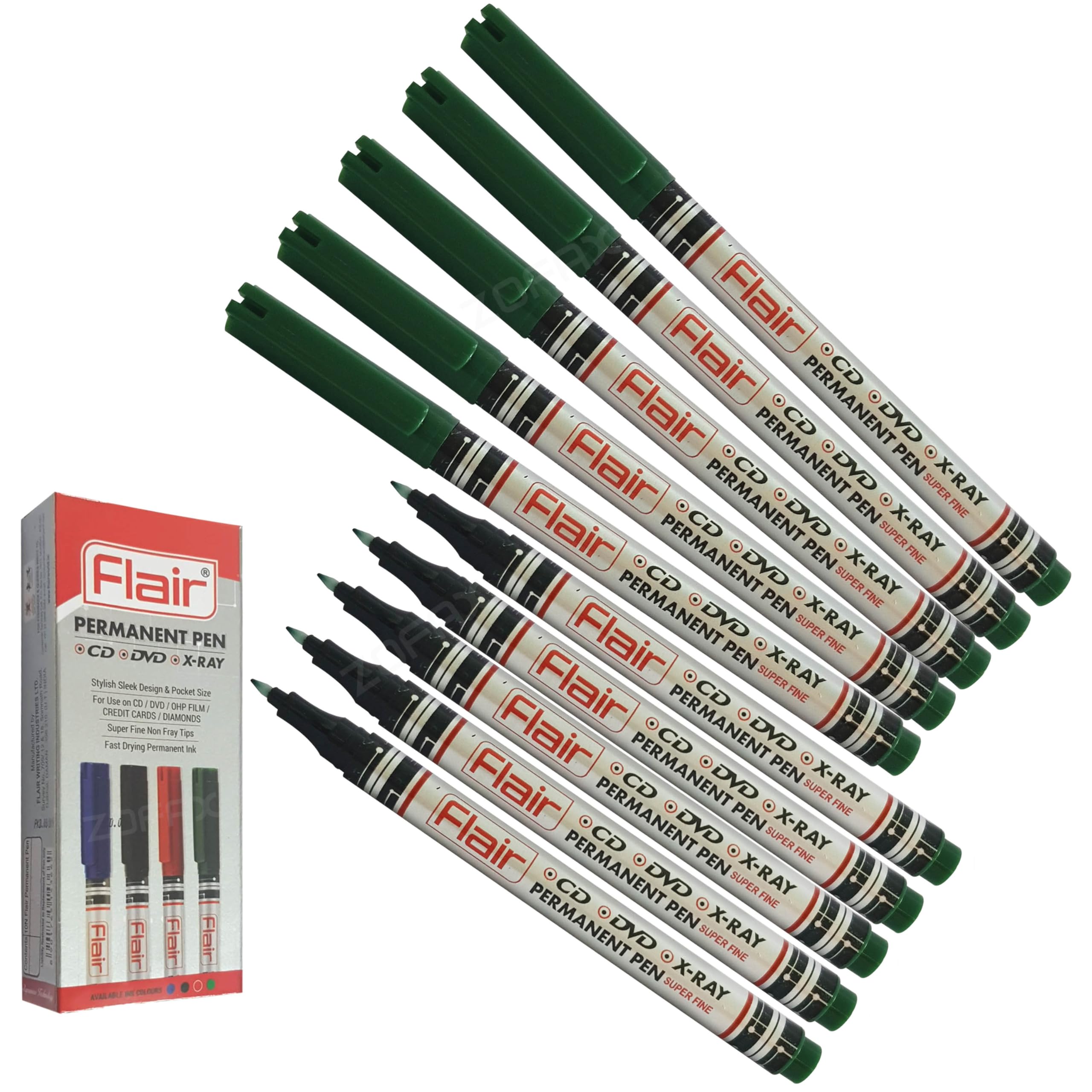 Back2School SuperFine Permanent Marker Pens, GREEN, Pack of 10, Waterproof Smudge Resistant, Quick Dry, CD DVD OHP Pens, Write Most Surfaces, ZOFAX Black Ball Pen