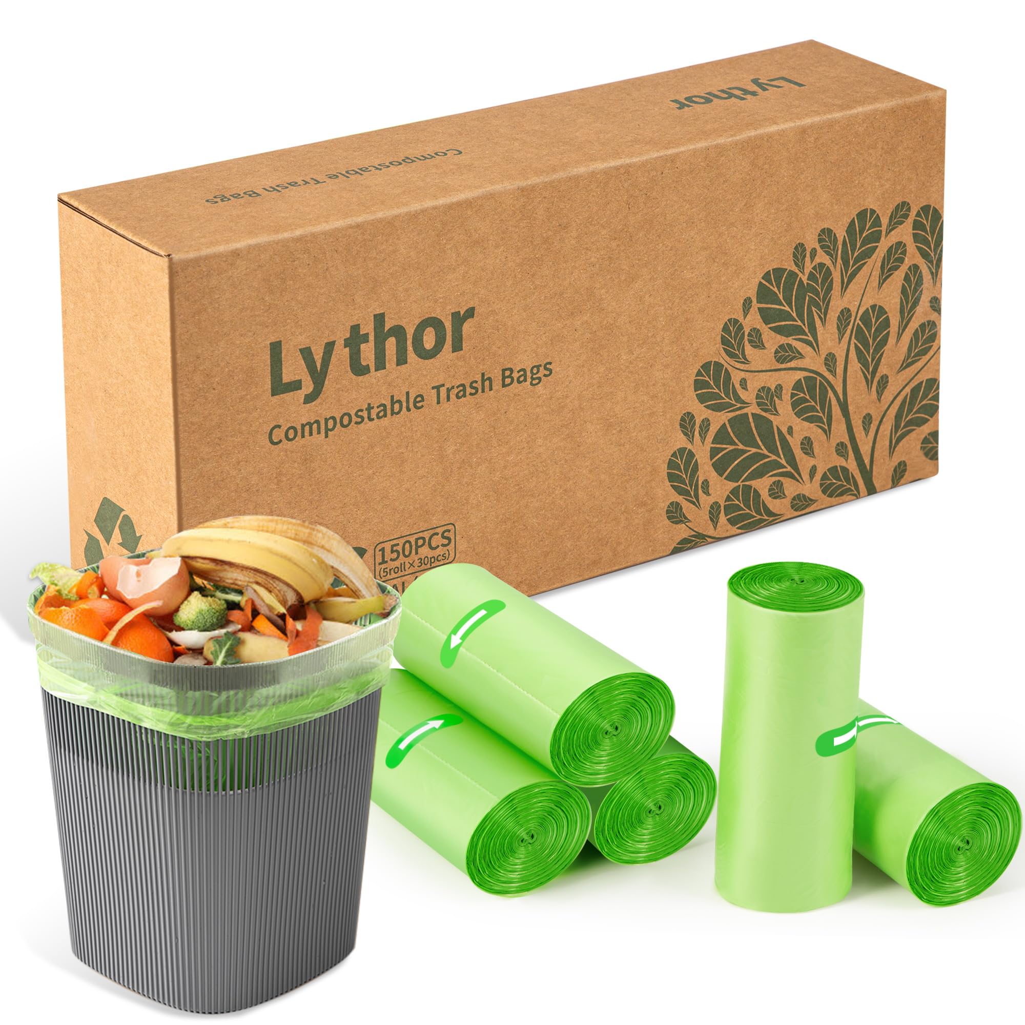 Lythor Upgraded Thickness Compostable Trash Bags, 2.6 Gallon / 10L, 150 Count - Maximum Strength, Leakproof & Tough Biodegradable Garbage Bags for