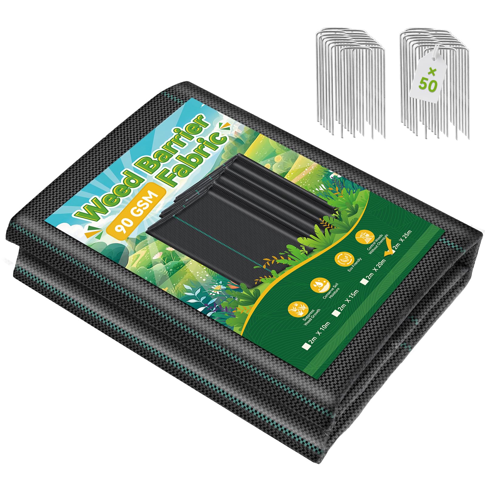 iropro Unkrautvlies Gartenvlies 2m x 25m mit 50 Bodenanker, 50m² Unkrautflies für Garten Unkrautfolie Wasserdurchlässig 90g/m² Premium Unkrautfolie, Anti Repousse, Hohe UV-Stabilisierung