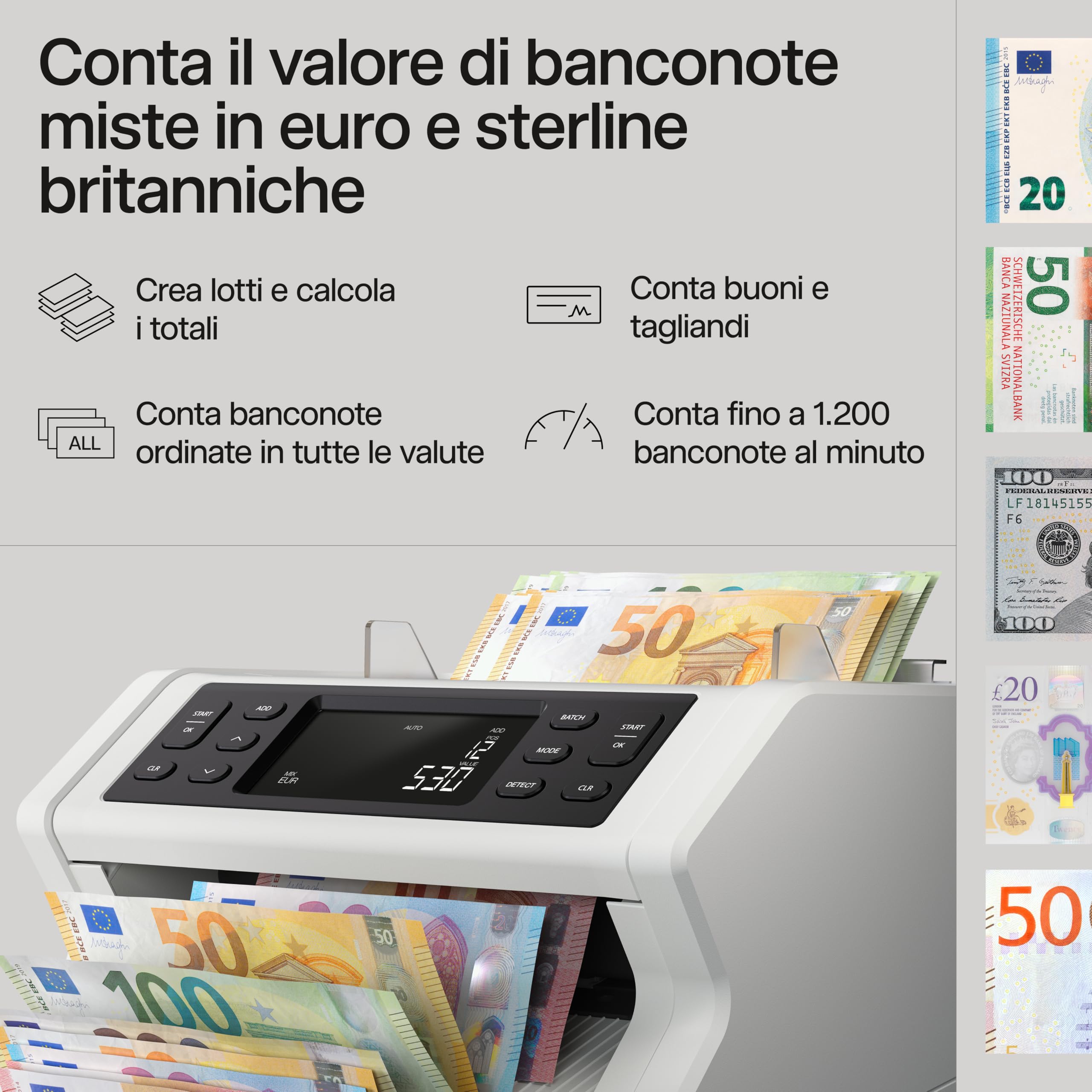Safescan 2265 contabanconote che conta il valore di sterline inglesi e euro miste - Contabanconote con verifica banconote a 5 punti - Contabanconote per banconote ordinate e per tutte le banconote