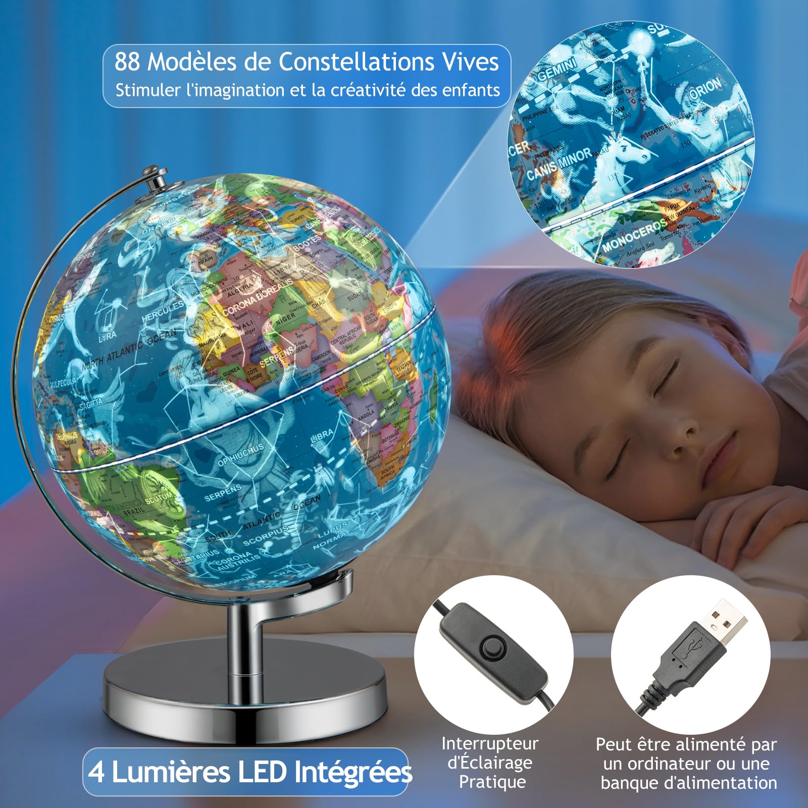 GOPLUS Globe Terrestre Lumineux Interactif 3 en 1 pour Enfants - Carte du Monde, 88 Constellations, Veilleuse, Support Décoratif pour Maison, Salle de Classe, Bureau