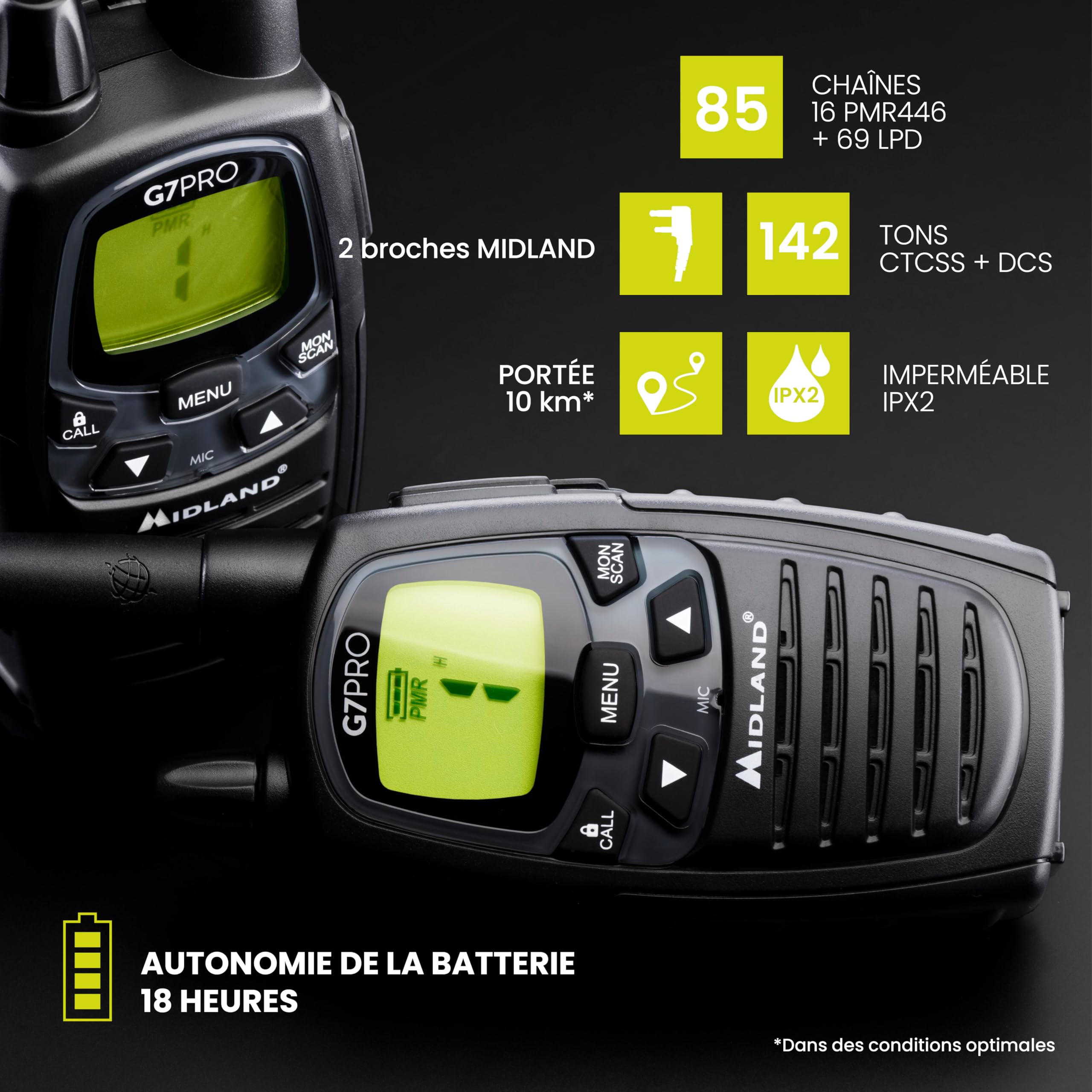 Midland - Talkie Walkie Longue Portée 10Km Professionnel G7 PRO, Couple Radio Récepteur Émetteur Airsoft Outdoor 85 Canaux, 16 PMR446/69 LPD non Licence, Autonomie 18H Piles Rechargeables, Accessoires