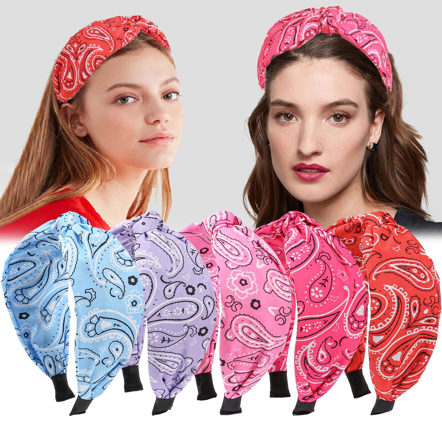 XIMA Paisley Print Headbands, Wide Knotted Hair Band for Women and Girls Multi-Color,Pack of 5