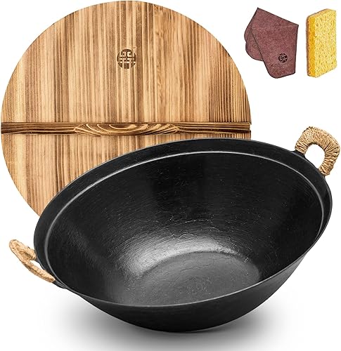 WANGYUANJI Wok de hierro fundido hecho a mano de 14.2 pulgadas con doble asa, apto para todas las estufas, wok tradicional chino sin revestimiento