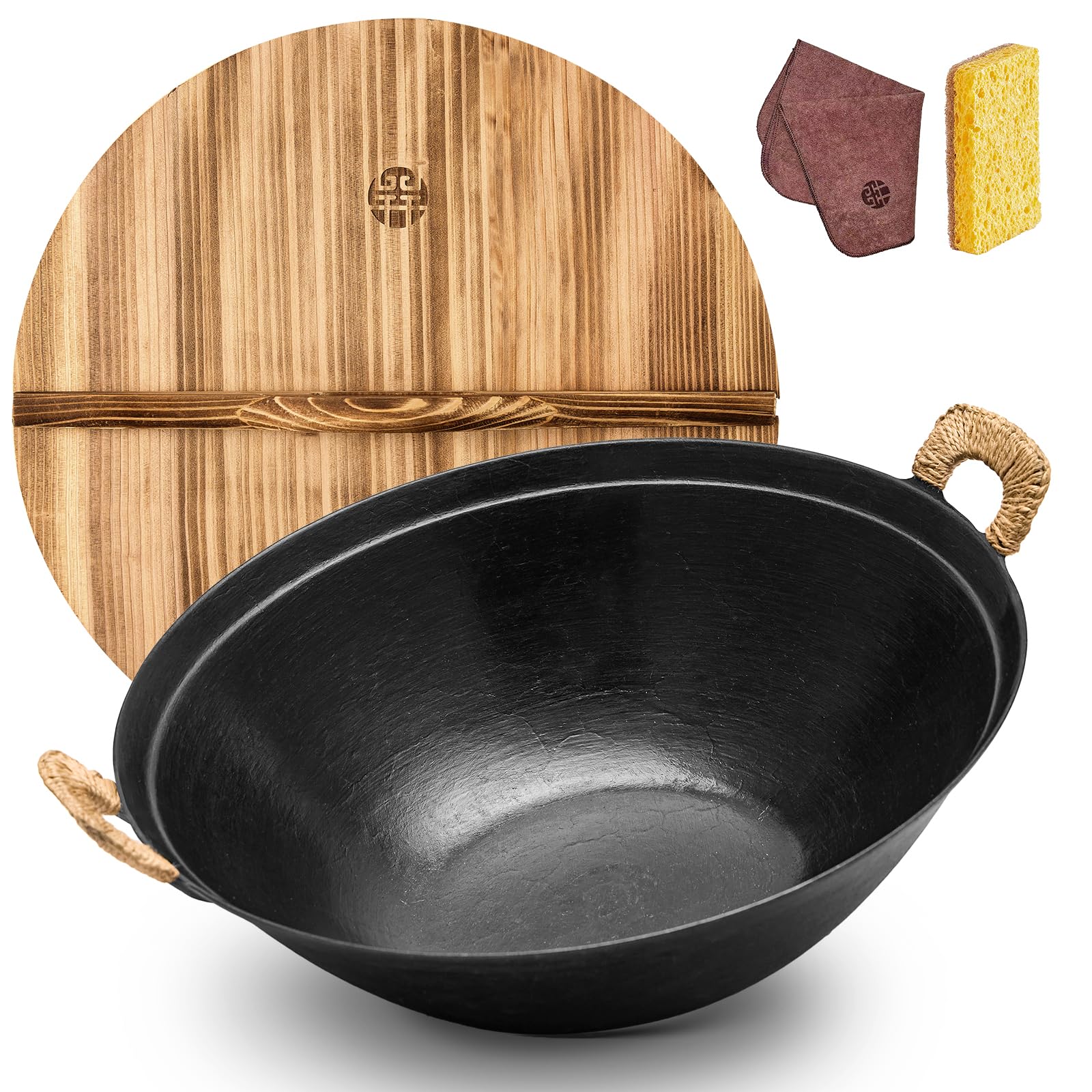WANGYUANJI Cast Iron Wok Pan 14.9 inch Large SUGUO Wok Stir Fry Pan Flat Bottom with Dual Handle and Wooden Lid, Suitable for All Cooktops, Uncoated Chinese Traditional wok