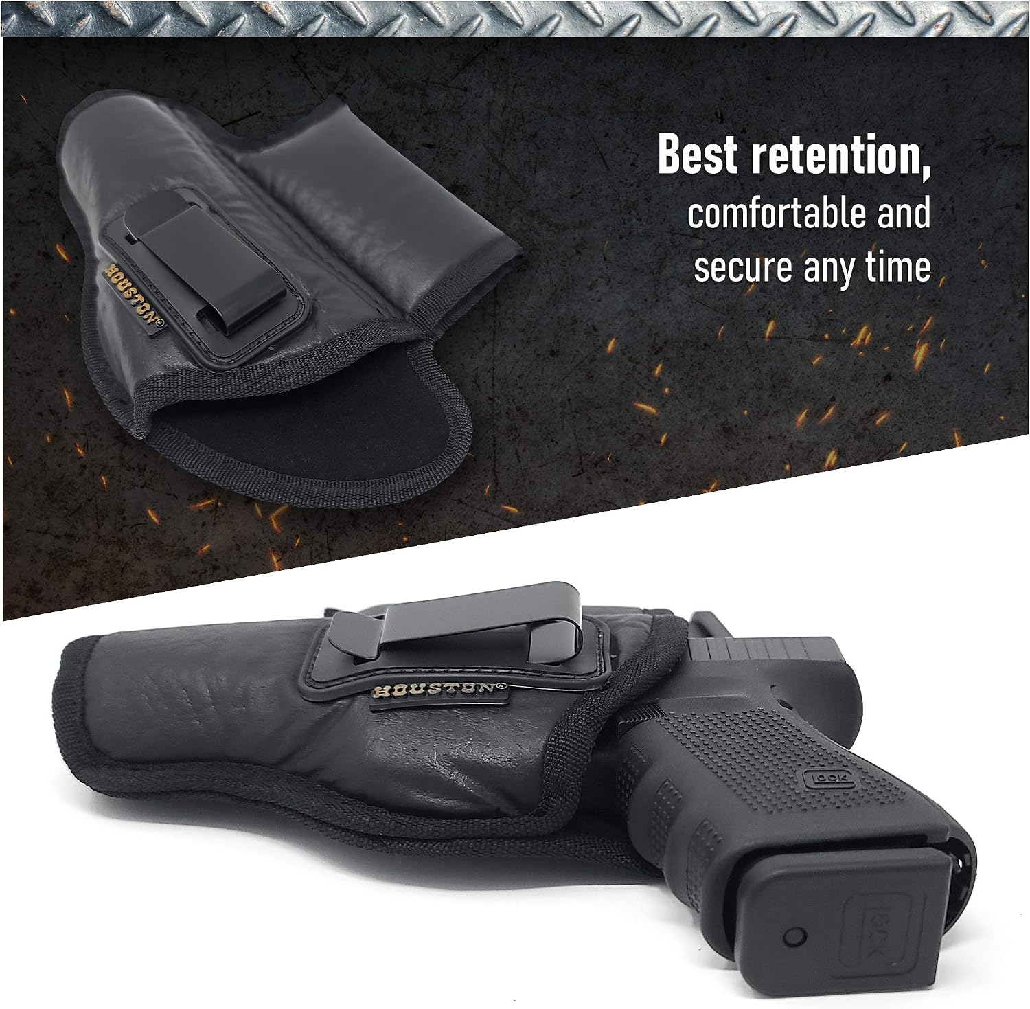Houston Gun Holsters IWB Eco Leather Inside Waistband Carry Metal Clip Fits Glk 17 20 21 22 31 Beretta 92FS Canik TP9 FNX 45 Ruger 45 Full Size Double Stack 4-4.5in Barrel Concealed Carry