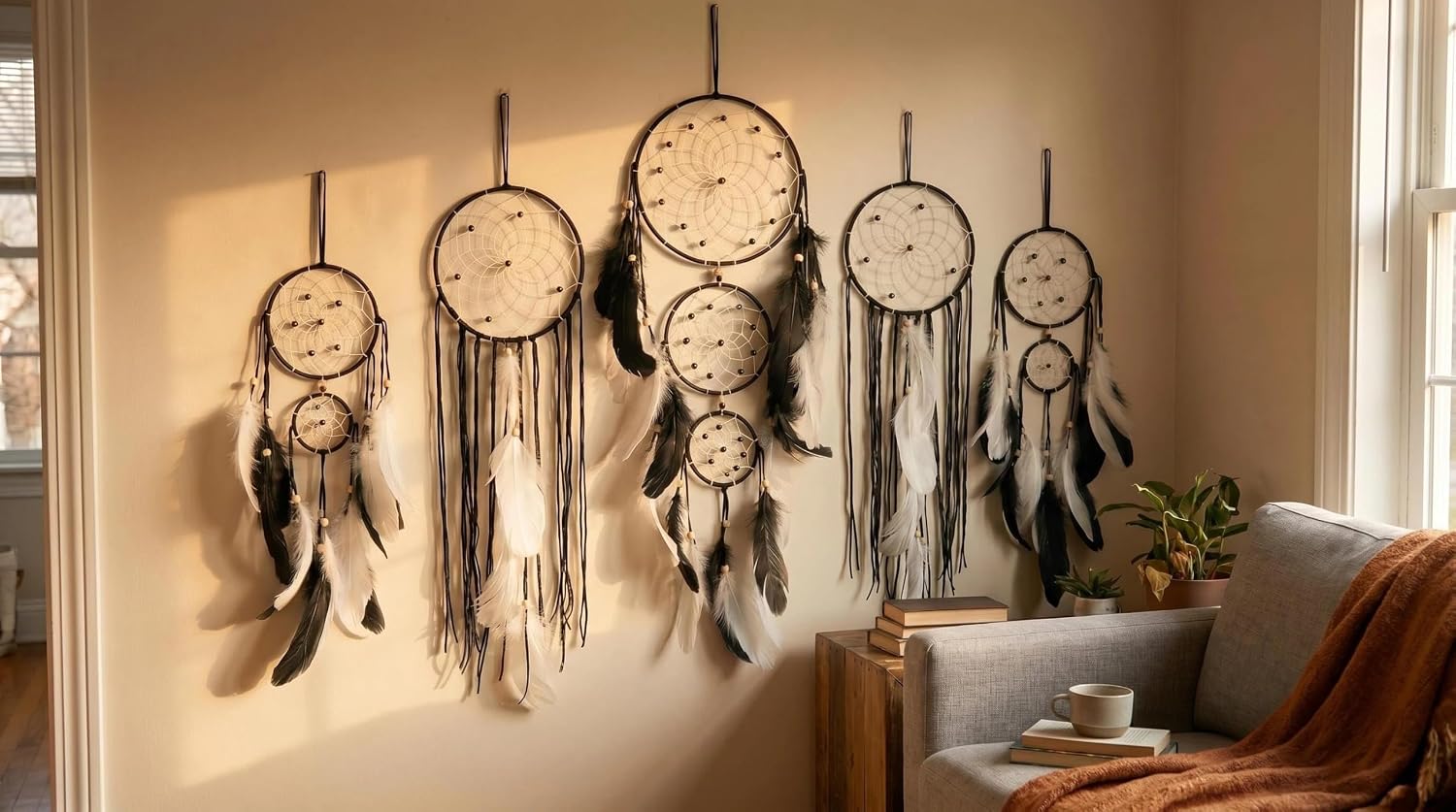 5 Pack Moon Phase Dreamcatcher Set Boho Wall Decor, Boho Macrame Wall Hanging Dream Catchers, for Home, Bedroom, Living Room, Witchy Gifts (Black)
