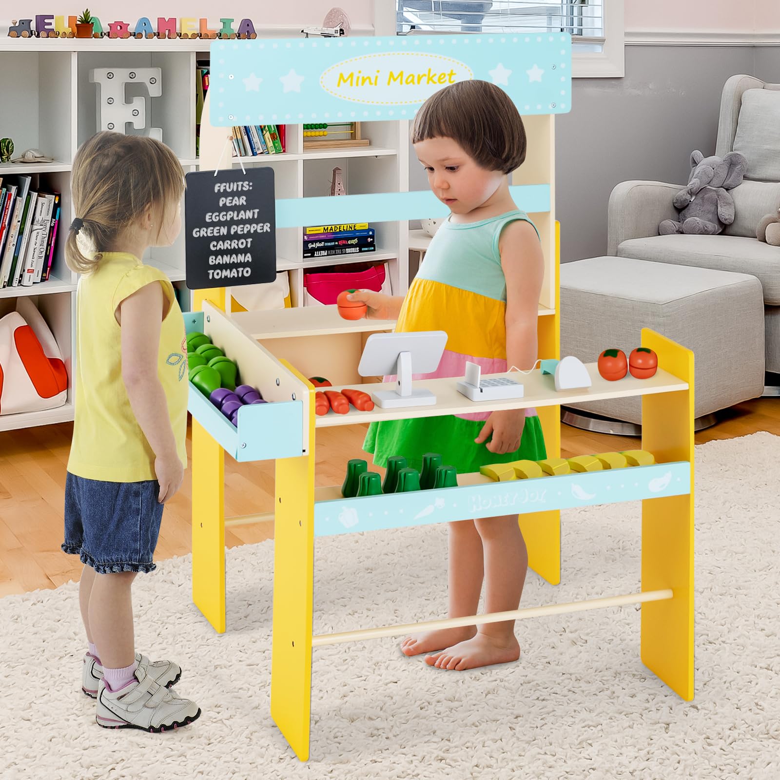 COSTWAY Kaufladen Aus Holz – Mit Einkaufswagen, Kasse, LED-Lichtern, Für Kinder Ab 3