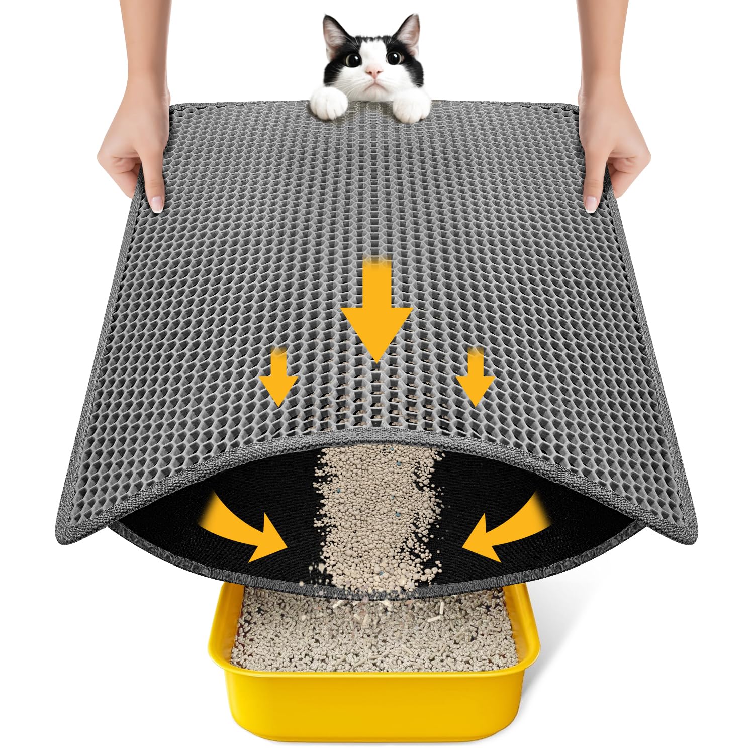 Cat Litter Mat-Litter Box Mat for Kitty, EVA Honeycomb Double Layer Design, Urine & Waterproof Scatter Control, Less Waste, Easier To Clean,Non Slip, Gray