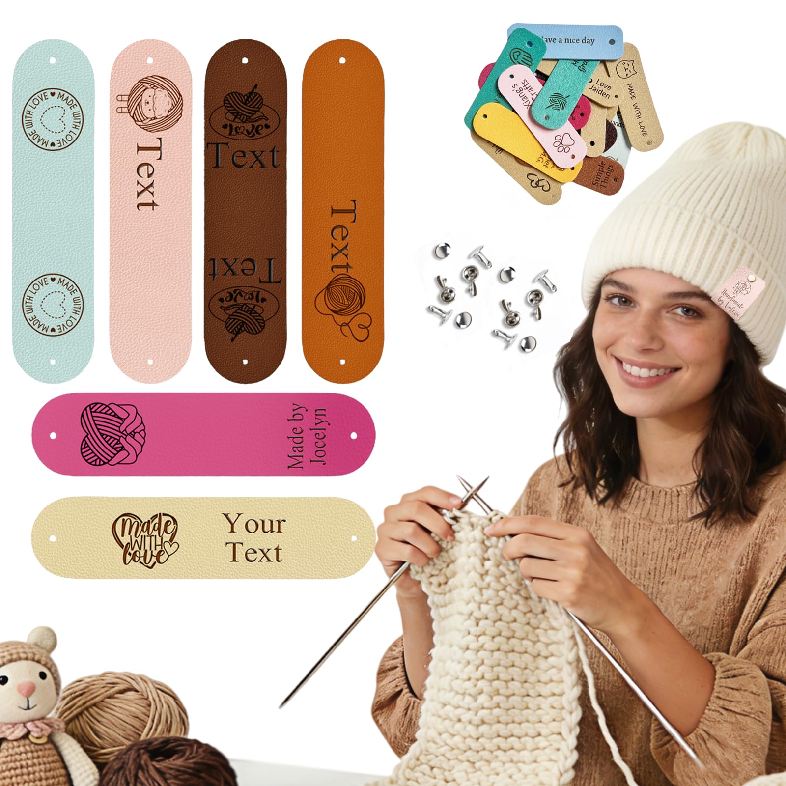 12Pcs Handmade with Love Personalized Leather Tags - Custom Name Labels with Rivets for Knitting, Crochet, Clothes & DIY Crafts, Hats, Scarves, Bags & Handmade Items (Narrow Long Rounded)
