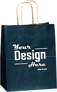 Flexicore Packaging Navy Blue Kraft Paper Bags Size: 8 Inch X 4.75 Inch x 10.25 Inch | Count: 5 Bags | Color: Navy Blue Custom Printed Logo
