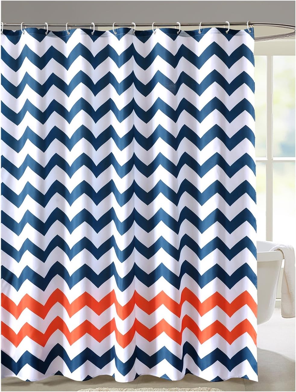 LanMeng Geometric Fabric Shower Curtain, Chevron, Navy Blue Orange Red Whie (72-by-78 inches, 9)