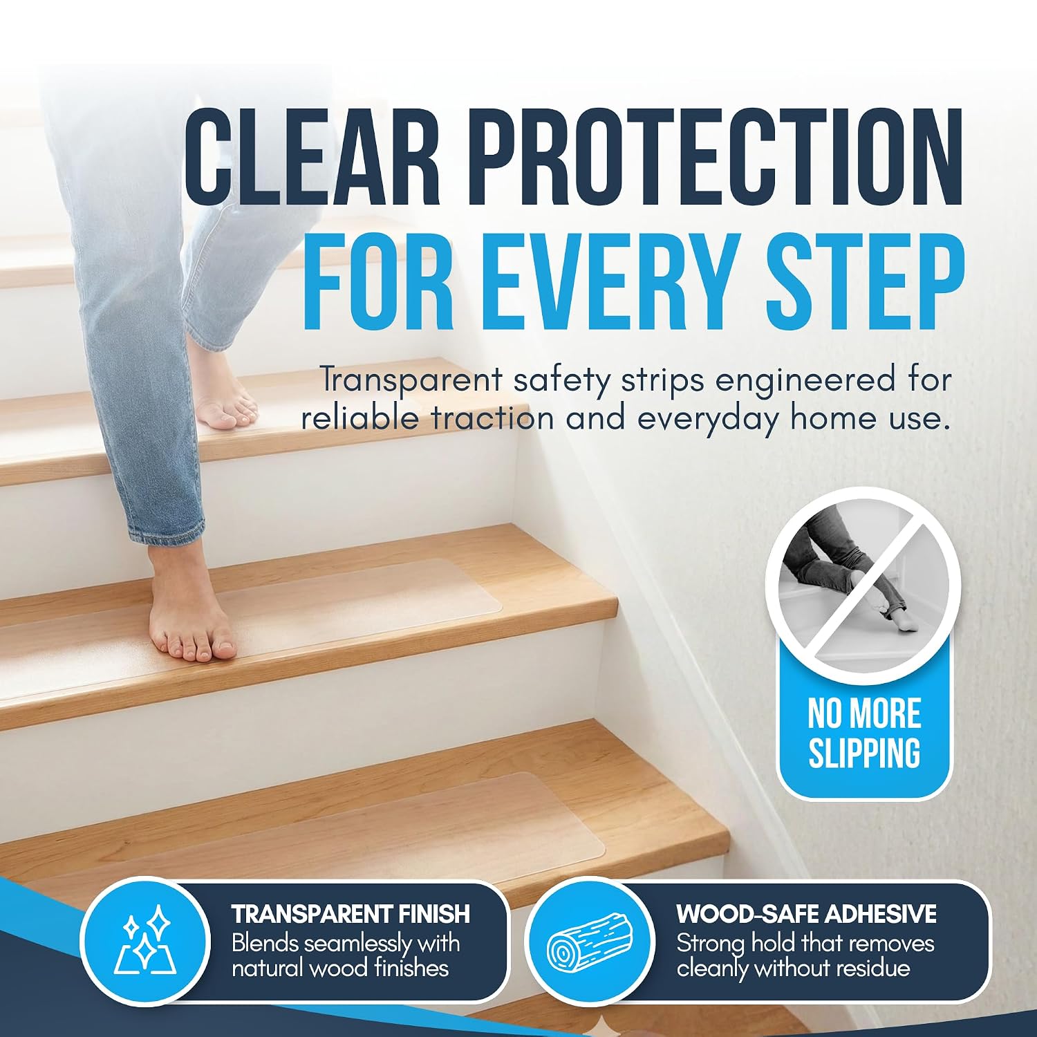 Clear Non Slip Stair Treads for Wooden Steps Indoor (20 Pack) - 30” x 6” Wide Transparent Peel and Stick Stair Treads Non Slip, Indoor Safety Strips for Wood Stairs, Stair Grips for Elderly and Pets