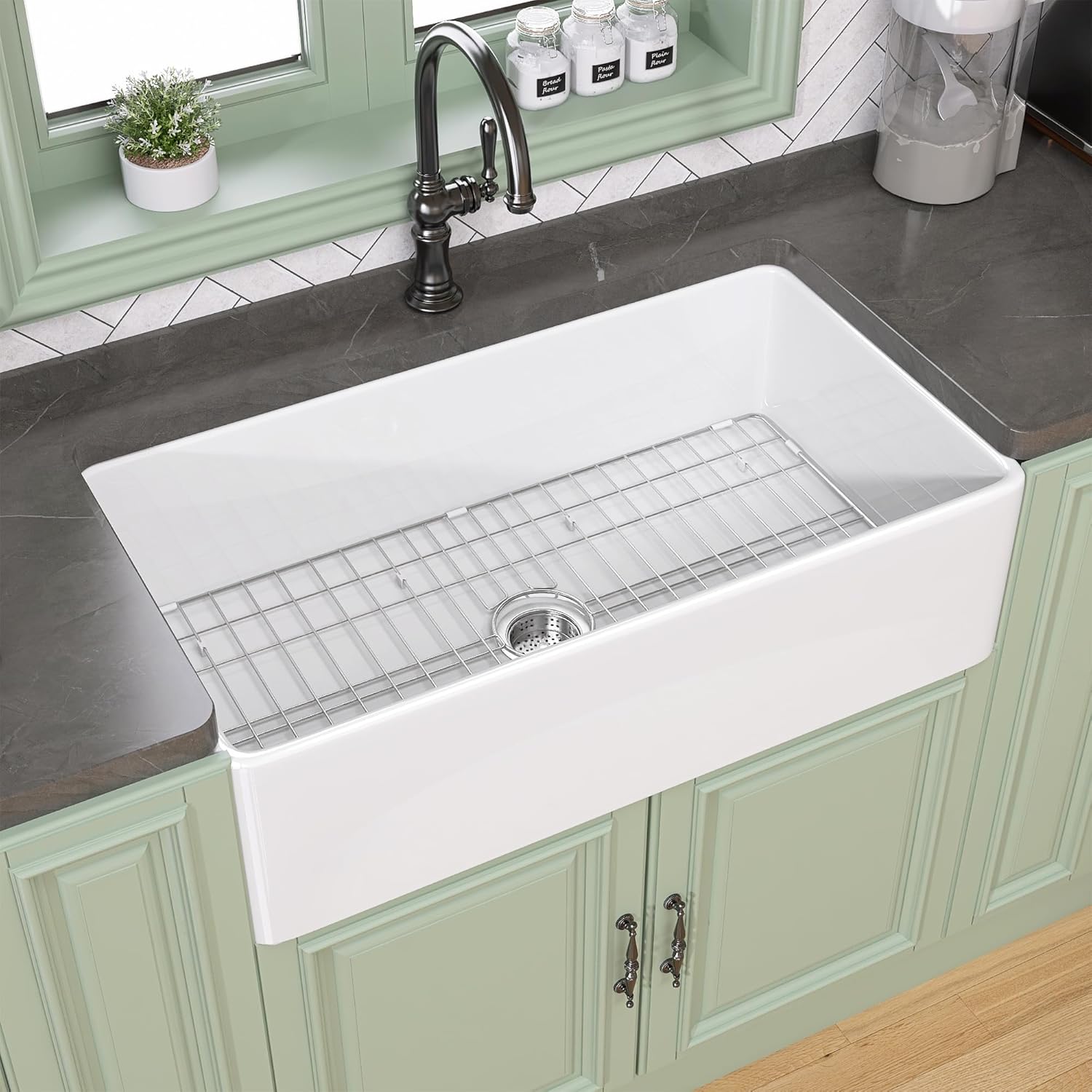 TUKTUK White Farmhouse Sink 30X20 inch Fireclay Farm Sink Apron Undermount Kitchen Sink Single Bowl Extra Wide Large Capacity Drop-in Modern Kitchen Sink with Luxury Bottom Grid & Strainer 30“x20" White Apron Sink