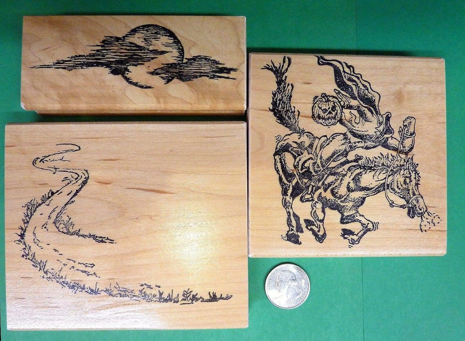 Wooden Mount Rubber Stamp for Card Making Headless Horseman Wood Mounted Rubber Stamp Set of 3 Pieces, Halloween