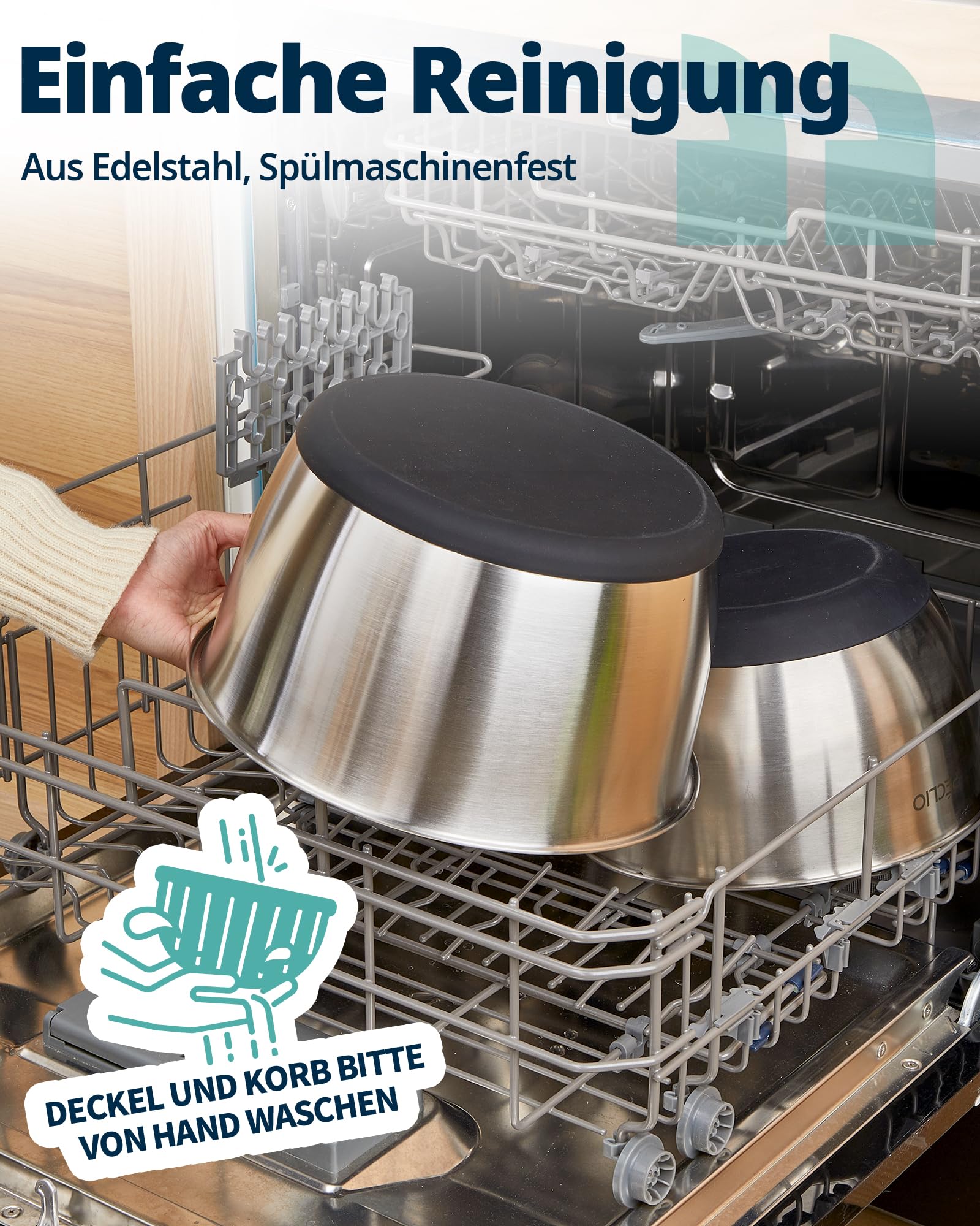 Salatschleuder Edelstahl 18/10 mit Kurbelantrieb, 6L große Salatschüssel mit Deckel, rutschfest & spülmaschinengeeignet – Salad Spinner für Salat, Gemüse, Obst