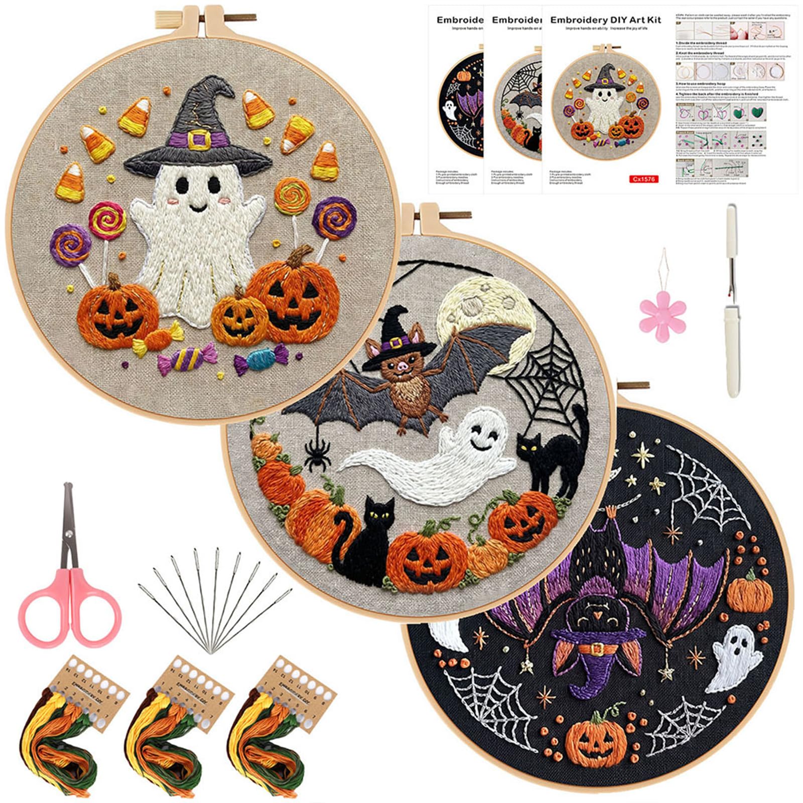 POETRYDRAW 3Pcs Ghost DIY Cotton Embroidery Kit with Embroidery Hoop Pre-Printed Pattern Needlework 29x29cm Starter Hand Stitch Kits for Beginners Adults (Ghost)