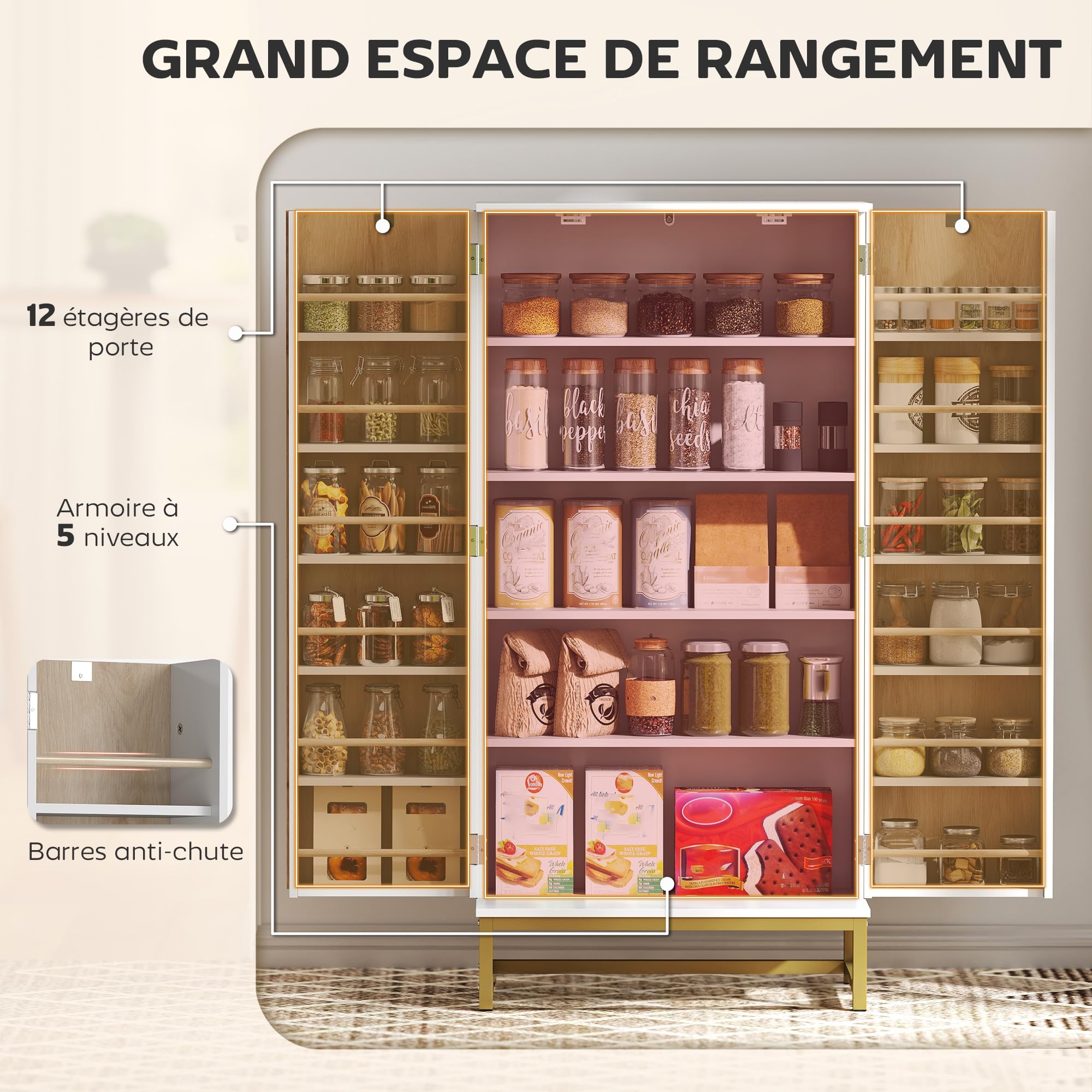 HOMCOM Buffet Cuisine Garde Manger 12 Étagères Portes 58x29x119,5cm Blanc | Meuble Cuisine Rangement, Vaisselier, Étagères Réglables, Double Porte à Lattes, pour Salle à Manger, Salon