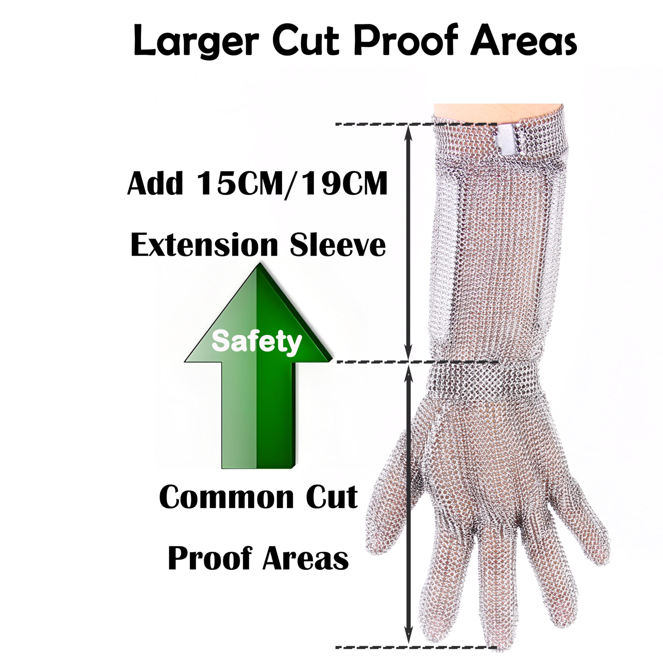 Guante de malla de 19 cm de largo, resistente a los cortes, grado alimenticio, acero inoxidable, plateado, mediano, unisex, talla