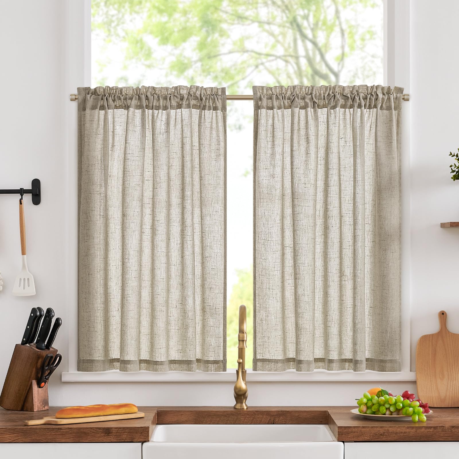 TOPICK Cortinas Cocina Marrón 2 Paneles 90An x 90Al cm, Lino Bolsillo Barra