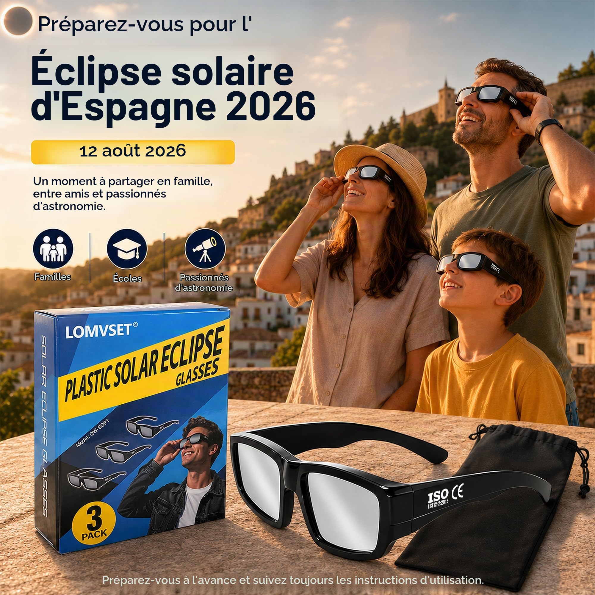 [Lot de 3 lunettes d'éclipse solaires homologuées ISO 12312-2 CE - 2026 - 2026 Lunettes en plastique éclipse solaire sûres certifiées protection premium UV/IR et infrarouge pour adultes et