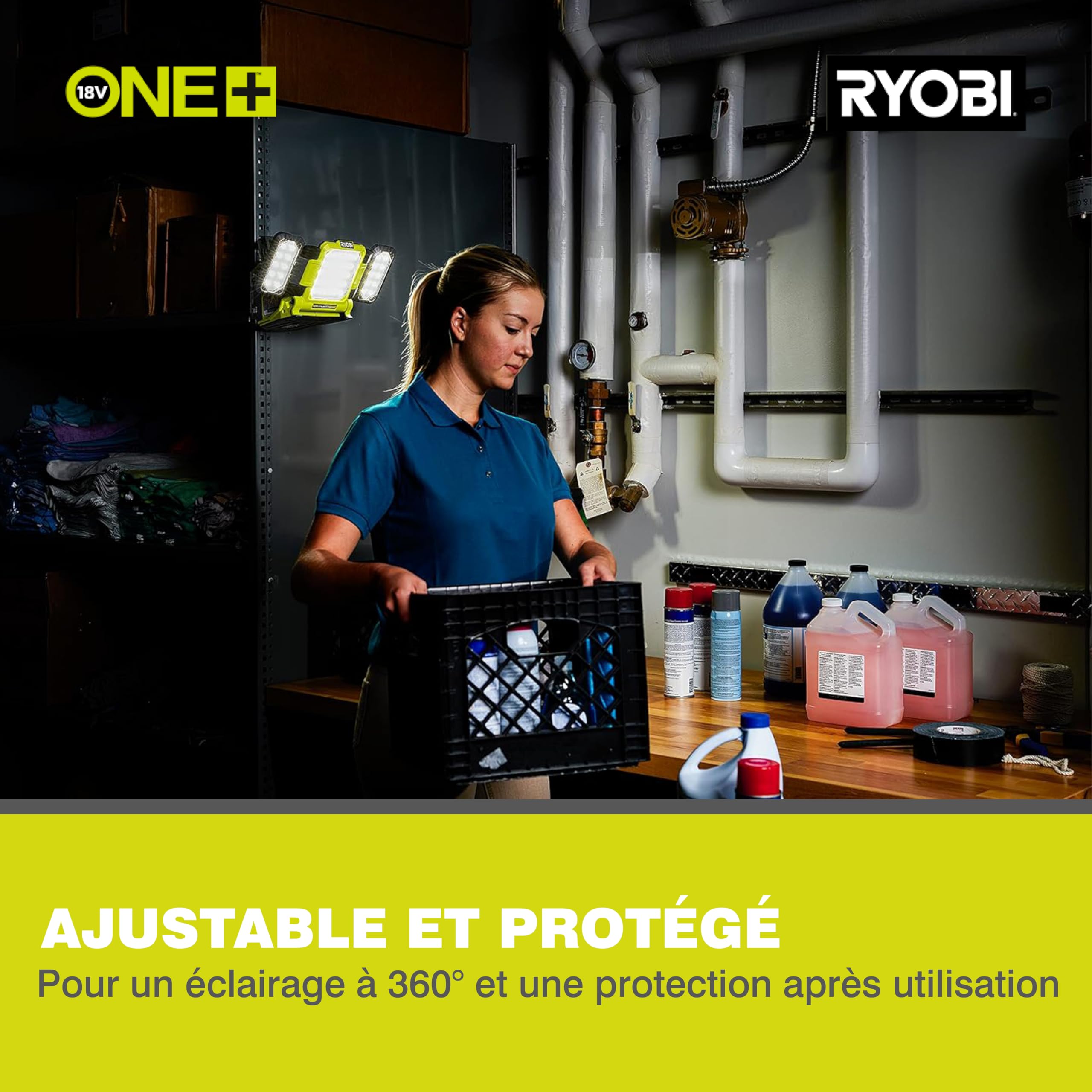 RYOBI - Lampe Triple panneau lumineux LED Sans Fil 18V ONE+ RLP18-0 – Tête Orientable, montage trépier possible, Compacte – Idéale Chantier, Garage, travaux peinture – Batterie Non Incluse