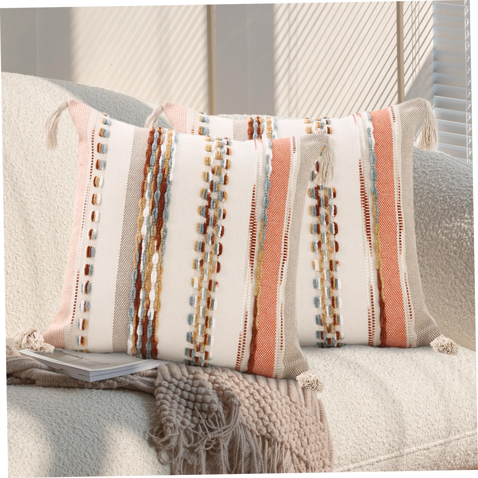 2 pezzi di cuscini Boho, federe quadrate Boho con nappe federe testurizzate a righe 18x18 cuscini neutri multiuso per divano letto arredamento soggiorno