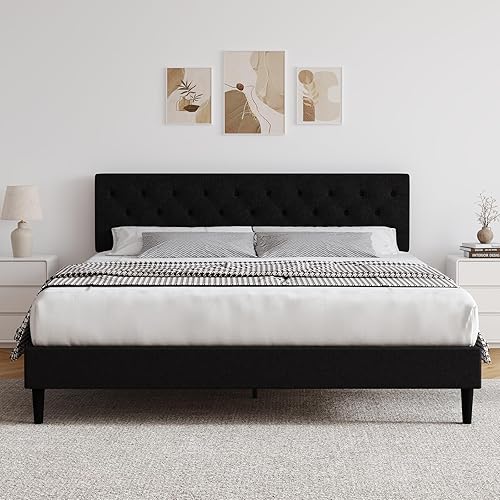 Miniatura 11 de HOMBCK Marco de cama tamaño completo con cabecero, marco de cama plataforma tapizado en tela de lino, marco de cama con botones capitoné tamaño