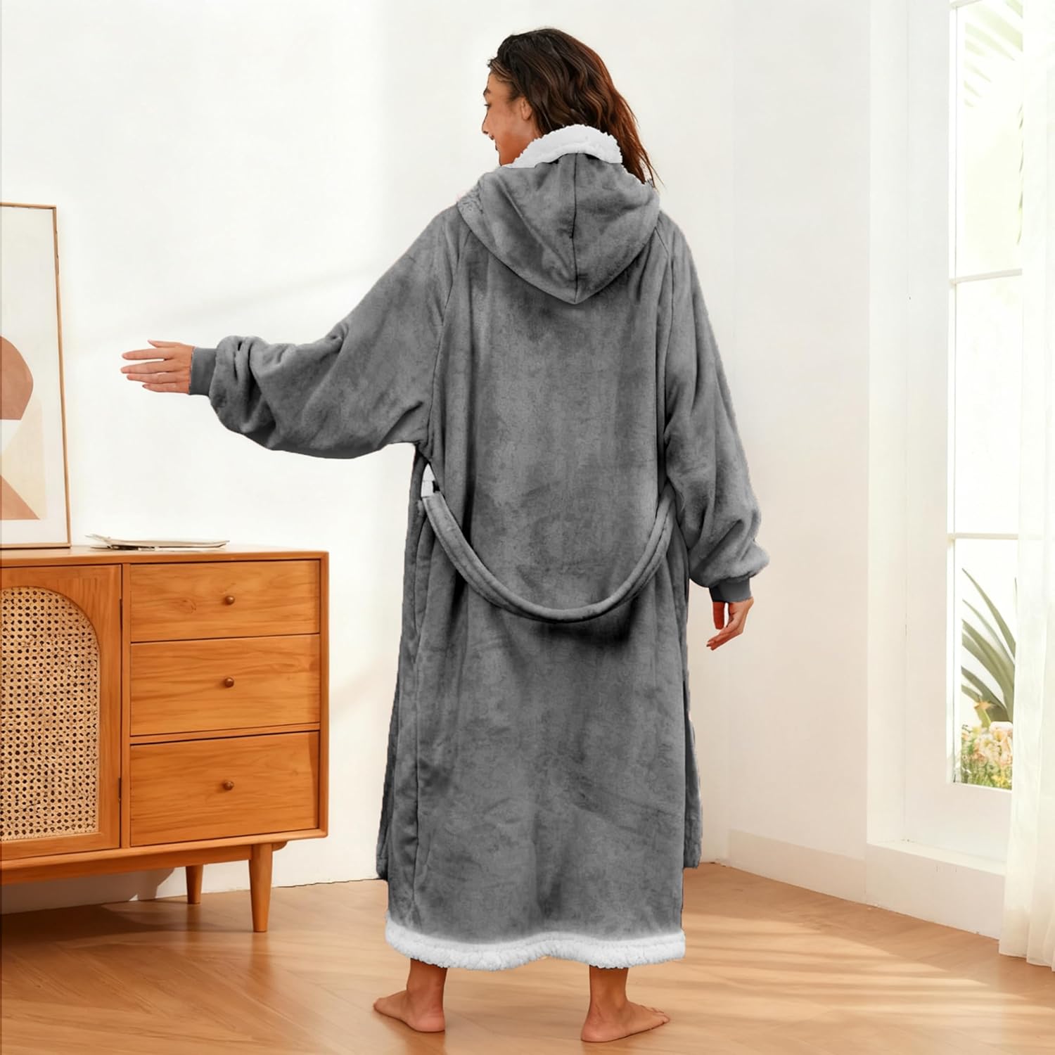 Wearable Blanket Hoodie Sweatshirt Standard For Adults - Cozy Flannel And Fleece With Hood, Giant Pocket and Adjustable Belt - Light Gray - Image 2