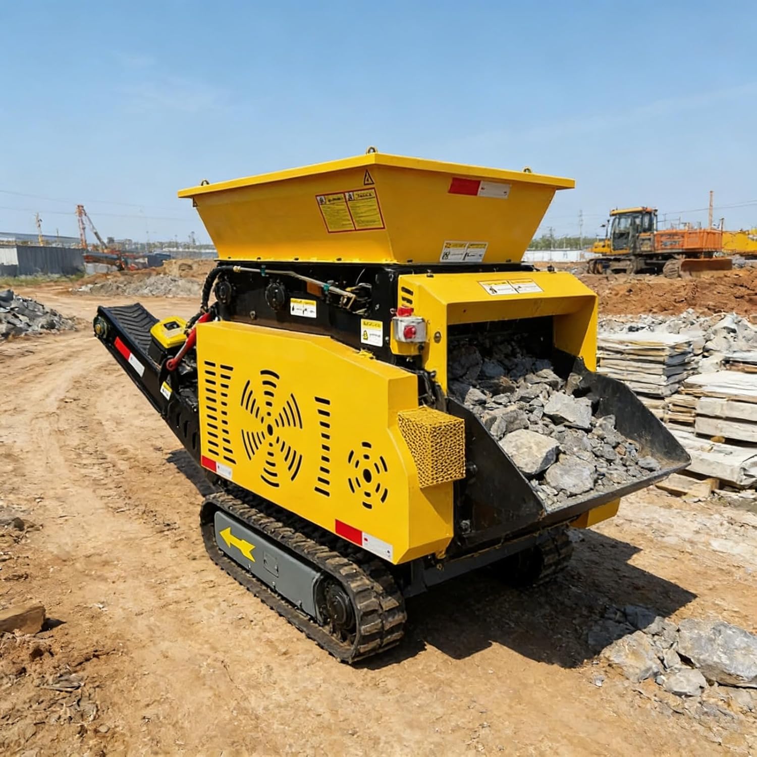 Compact Mobile Crusher with Tracked Undercarriage for Crushing Hard Stone and Construction Debris on Uneven Ground