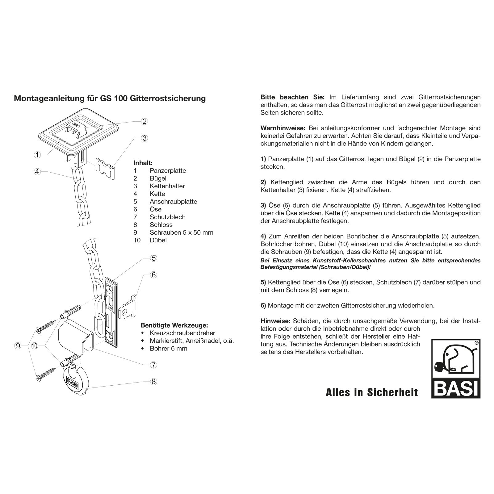 BASI® 2x Gitterrostsicherung GS100 Stahl verzinkt Zusatzsicherung für Lichtschacht/Kellerschacht