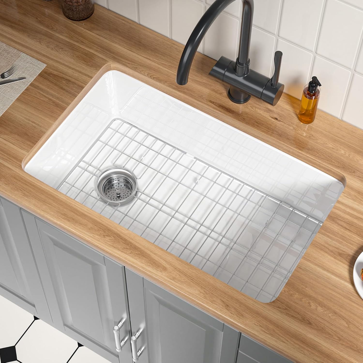 Offset Drain White Fireclay Undermount Kitchen Sink 32 Inch, Large Topmount White Undermount Sink 32''x19''x10'' Drop In, Deep Single Bowl Heavy Duty, Dual Mount, for Kitchen, Island